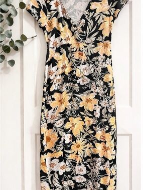 Billabong Black Midi Wrap Dress with Yellow Floral Print
